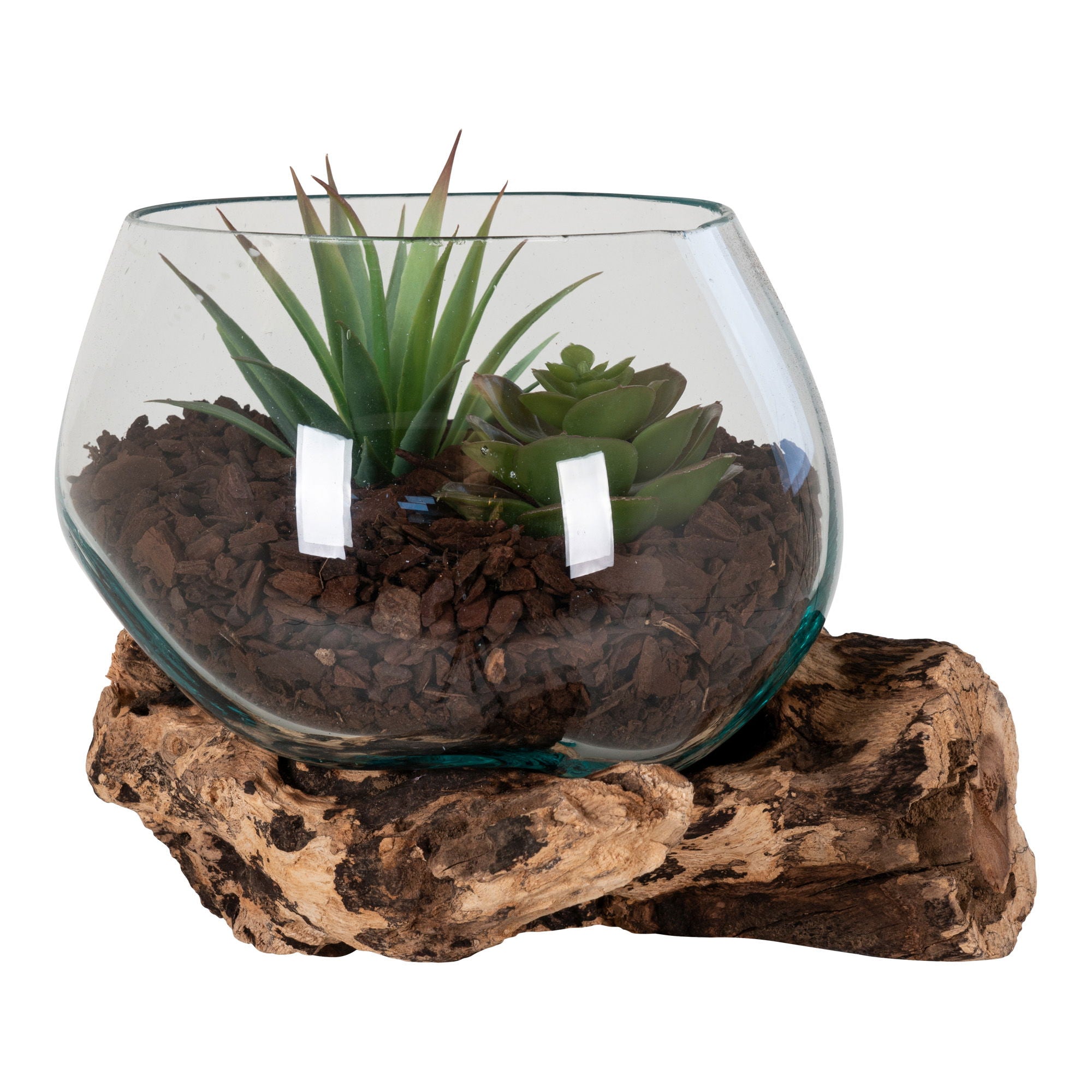 Glasobjekt auf Teakholz, natur, H15 cm